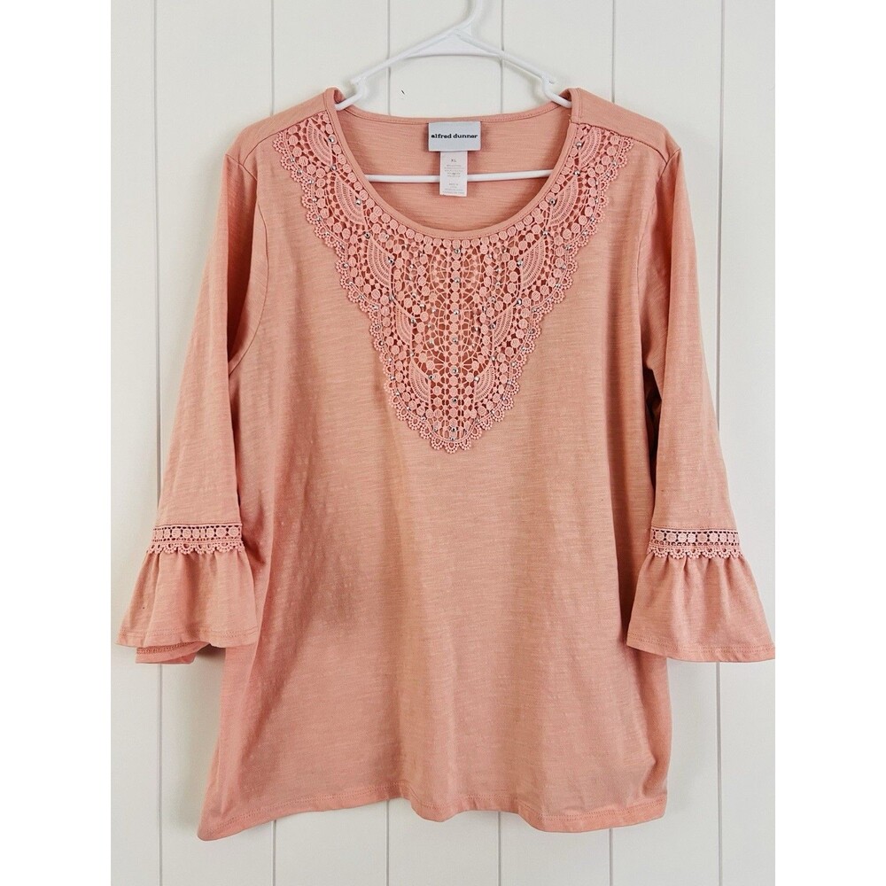 Alfred Dunner Soft Coral Pink Embroidered Bell Sleeve Boho Blouse Cottagecore XL
